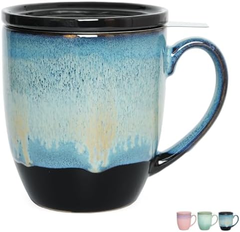 Bosmarlin Ceramic Tea Cup with Infuser and Lid, 16 Oz, Steeping Tea Mug with Strainer, Microwave and Dishwasher Safe, Reactive Glaze (16 Oz, Blue) Bosmarlin