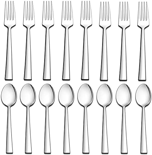 LIANYU 16-Piece Forks and Spoons Silverware Set, 8 Dinner Forks (7.9 Inch) and 8 Teaspoons (6.7 Inch), Stainless Steel Square Flatware Cutlery Set for Home Kitchen Hotel, Dishwasher Safe LIANYU