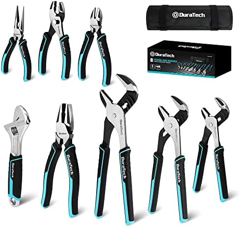 DURATECH 8-Piece Pliers Set with Rolling Pouch, Premium Cr-V/Cr-Ni Construction, (12", 10", 8" Groove Joint Pliers, 8" Adjustable Wrench, 8" Linesman, 6" Long Needle Nose, 6" Slip Joint, 6" Diagonal) Duratech