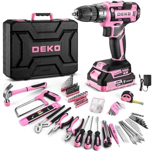 Pink Drill Tool Kit Set: 20V Cordless Power Drill Tool Box with Battery Electric Drill Driver for Men Home Hand Repair Basic Toolbox Tools Sets Drills Case Dekopro