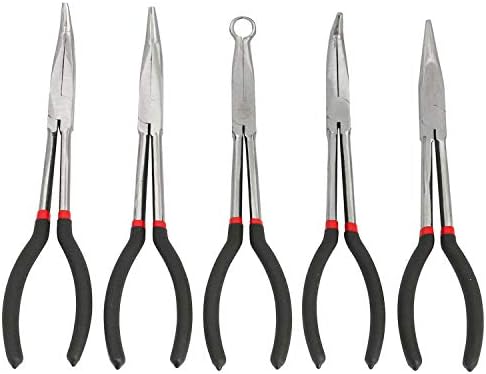 Amarine Made Long Needle Nose Pliers Set 11-inch Pliers 5-piece Set Nipper Bent Nose, Duckbill Pliers,End Cutting, Diagonal, Plug Cable Puller Reach Flat,45,90 Degree Angle, Straight,Curved Pliers Amarine Made