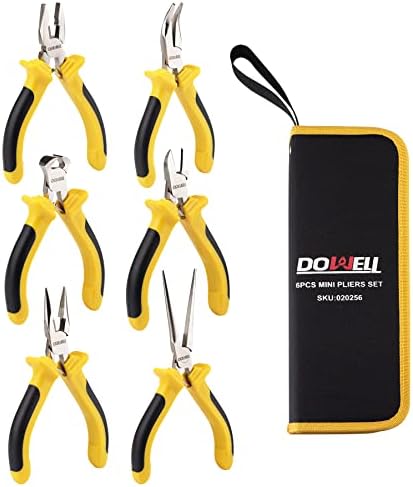 DOWELL 6-piece Mini Pliers Set Needle Nose Diagonal Long Nose Bent Nose End Cutting and Linesman for Making Crafts Repairing Electronic Devices with Pouch Dowell