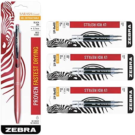 Zebra Sarasa Grand, Retractable Gel Ink Pen, Rose Gold Barrel, Medium Point, 0.7mm, Black Ink, 1-Count Bundle with 6 Refills Zebra Pen