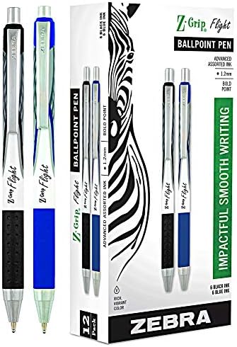 Zebra Z grip flight pens - Bulk Pack of 6 Black & 6 Blue (Total of 12 Pens) - Z grip retractable ballpoint pens - Bold Point 1.2mm Zebra Pen