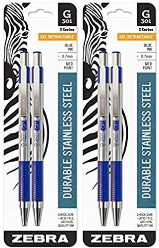 Zebra G-301 Gel Stainless Steel Retractable Pen, 0.7mm, Blue, 4 Pack Zebra Pen