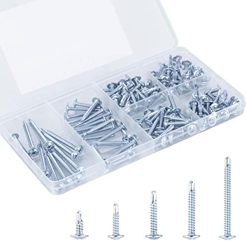 KURUI Self Tapping Screws Assortment Kit, #8 Sheet Metal Screws for Metal Wood & Plastic, 125Pcs Galvanized Truss Head Self Drilling Screws in 5 Sizes (1/2, 3/4, 1-1/4, 1in, 2in) Kurui