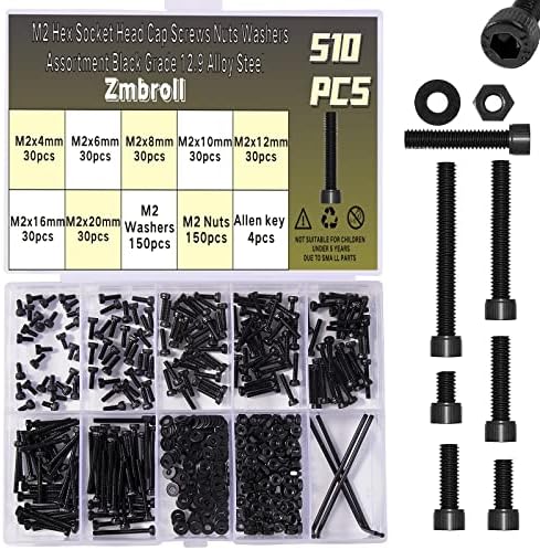 510 Pcs M2 Socket Cap Screws Metric Hex Bolt Nuts Washers 12.9 Grade Alloy Steel Screw Hex Socket Head Cap Small Machine Screws Kits with Wrench Key Zmbroll