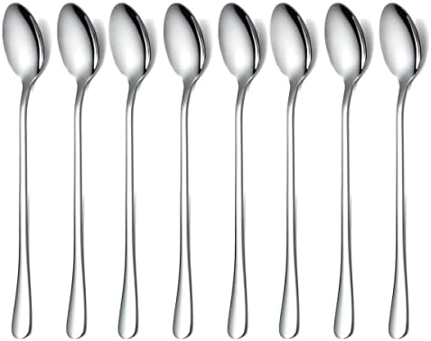 Long Handle Spoon, Coffee Stirrers, Premium Stainless Steel Ice Cream Spoon, Cocktail Stirring Spoons, Tea Spoons, Set of 8 (Silver) HOMQUEN