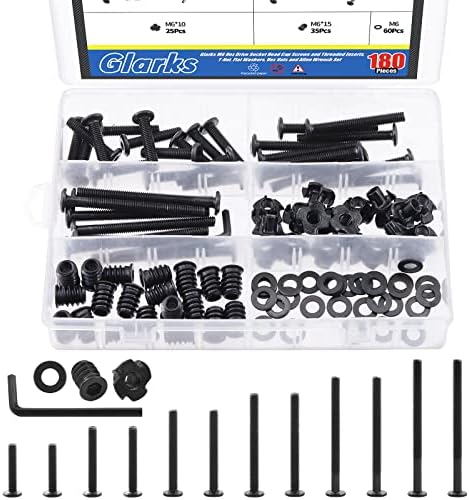 Glarks 181Pcs M6x30/40/50/60/70/80mm Black Baby Bed Crib Screws Assortment Kit Hex Socket Cap Bolts with T-Nuts, Flat Washers, Threaded Inserts and Allen Wrench for Wood Furniture Hardware Glarks