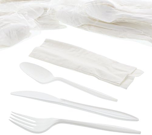 AmerCareRoyal 4-in-1 Disposable Silverware Medium Weight Plastic Utensil Set with Teaspoon, Fork, Knife and 12x13 inch Napkin - Individually Wrapped Cutlery Meal Kit, White, Case of 250 AmerCare