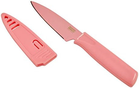 Kuhn Rikon Colori Non-Stick Straight Paring Knife with Safety Sheath, 4 inch/10.16 cm Blade, Bubble Gum Kuhn Rikon