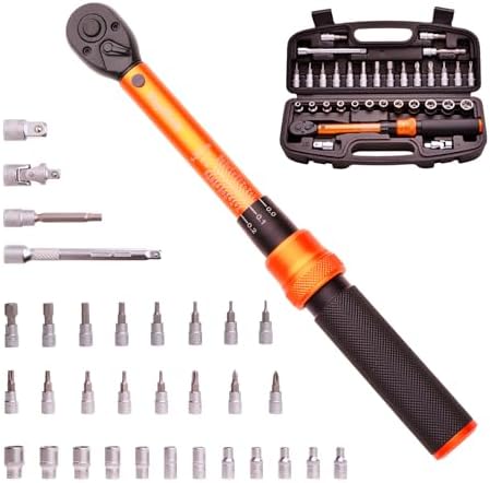 1/4 Inch Drive Bike Torque Wrench, 1-25 Nm (10-222.5 in.lb), 33 PCS Click Bicycle Torque Wrench with Bit Sockets, 0.1 Nm Micro, 72-Tooth Ratchet, 3/8 Adapter, for MTB, E-Bike, Motorcycle MoJoTools