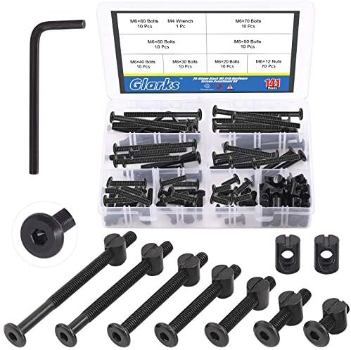 Glarks 141Pcs Baby Bed Crib Screws Hardware Replacement Kit, M6x20/ 30/40/ 50/60/ 70/ 80mm Black Hex Socket Cap Screws and Nuts Assortment Kit with a Allen Wrench for Chair Table Cabinets Furniture Glarks