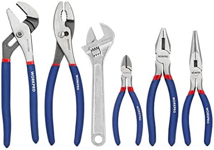 WORKPRO Large Pliers & Wrench Set 6-Piece (10" Water Pump Pliers, 10" Slip Joint Pliers, 8" Long Nose Pliers, 8" Linesman Pliers, 6" Diagonal Pliers, 8" Adjustable Wrench) for DIY & Home Use, W001329A Workpro