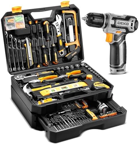 Tool Kit Box Drill Set：DEKOPRO Home Mechanic Toolbox with 12V Power Cordless Drill Hand Repair Tools Sets Combo Kits Storage Organizer Drawer Case for Men Dekopro