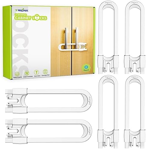 6 Pack Adjustable Cabinet Locks for Babies, U-Shaped Baby Proofing Child Locks for Kids Toddlers Safety, Sliding Door latches for Cabinets, Drawer, Closet, Fridge, Door Knob Handle, Kitchen Home Safe TRILINK