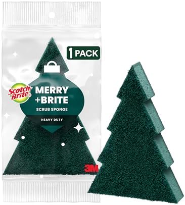 Scotch-Brite Merry + Brite Heavy Duty Holiday Scrub Sponge, Two-Sided Dish Sponge with Festive Pine Tree Shape, Christmas Kitchen Sponge Scotch-Brite