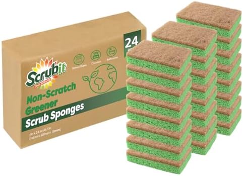 Natural Sponge by Scrubit - 24-Pack - Biodegradable Cellulose Natural Sponges for Dishes with a Tough Eco-Friendly Scouring Pad for Kitchen and Bathroom – Non-Stick Plant-Based Compostable Sponges Scrubit