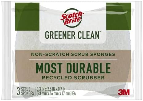 Scotch-Brite Greener Clean Non-Scratch Scrub Sponge, Sponge for Washing Dishes, Cleaning Kitchen, Superior Performance and Made with Sustainable Materials, Dishwasher Safe, 3 Scrub Sponges Scotch-Brite