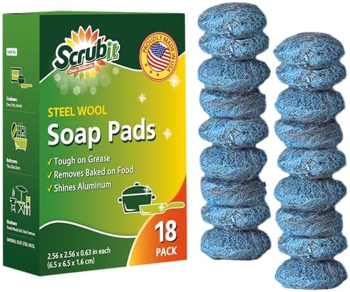 18 Pack Steel Wool Soap Pads by SCRUBIT - Metal Scouring Cooktop Cleaning Pads Used for Dishes, Pots, Pans, and Ovens - Pre-Soaped for Easy Cleaning of Tough Kitchen Grease and Oil Scrubit