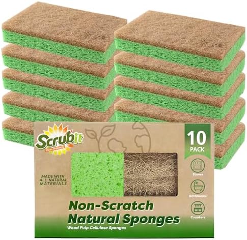 Natural Sponge by Scrubit - 10-Pack - Biodegradable Cellulose Natural Sponges for Dishes with a Tough Eco-Friendly Scouring Pad for Kitchen and Bathroom – Non-Stick Plant-Based Compostable Sponges Scrubit