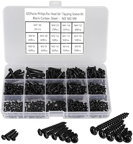 100 Pcs M5 x 12/16/20/30/40mm Phillips Flat Head Self Tapping Wood Screws, Black Carbon Steel, Cross Drive Sheet Metal Screws for Wood, Plastic and Soft Metal, Sharp Point Tip (20 Piececs/each) HanTof