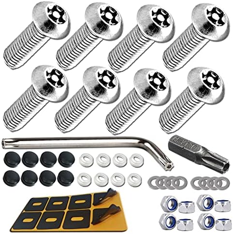 FBJTDQ License Plate Screws Anti Theft- Tamper Proof Security Car Tag Bolts Set, Stainless Steel Mounting Hardware Kit- 1/4 Metric M6 Machine Screws Rust Proof, Fasteners Nuts, Black Caps, Flat Head PRUST