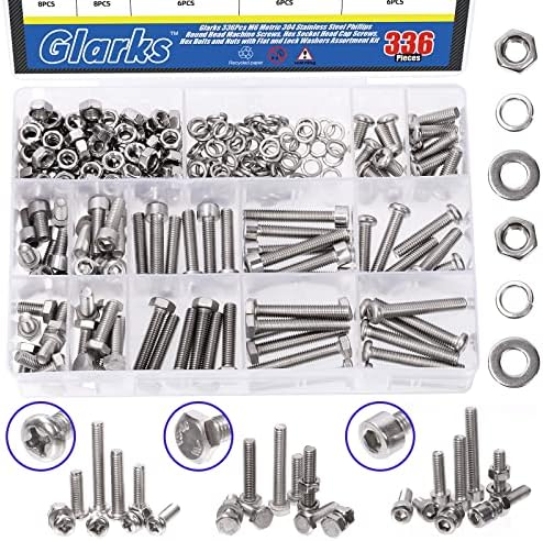 Glarks 336Pcs M6 Metric 304 Stainless Steel Phillips Round Head Machine Screws, Hex Socket Head Cap Screws, Hex Head Screw Bolts and Hex Nuts with Flat Washers Lock Washers Assortment Kit Glarks