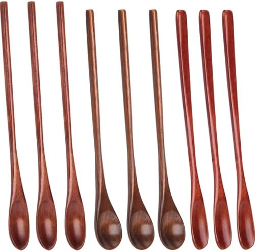 HANSGO 9PCS Wooden Coffee Spoons, Long Handle Wooden Spoon Mixing Honey Spoon Handmade Wood Stirring Spoon for Team Jam Dessert Honey Kitchen Utensil Hansgo