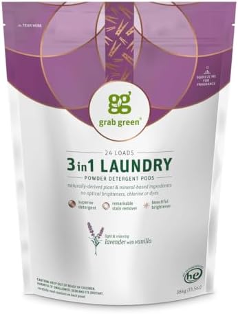 Grab Green Natural 3 in 1 Laundry Detergent Pods, Organic Enzyme-Powered, Plant & Mineral-Based, Lavender + Vanilla—with Essential Oils, 24 Loads (6 Pack) Grab Green