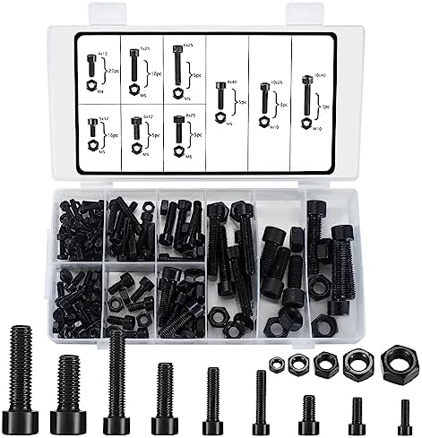 Hex Socket Head Cap Screws Bolts, Alloy Steel Machine Metric Hex Socket Screws Bolts with Nuts Assortment Kit, Black, Fully Threaded, Allen Hex Drive Screws Bolts, 150 Pcs SYBDXJ