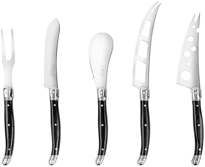 French Home Laguiole 5-Piece Artisan Cheese Knife Set – Versatile Cheese Knives Set with Three-Rivet Black Pakkawood Handles & Iconic Bee Emblem – Sophisticated Charcuterie Board Accessories French Home