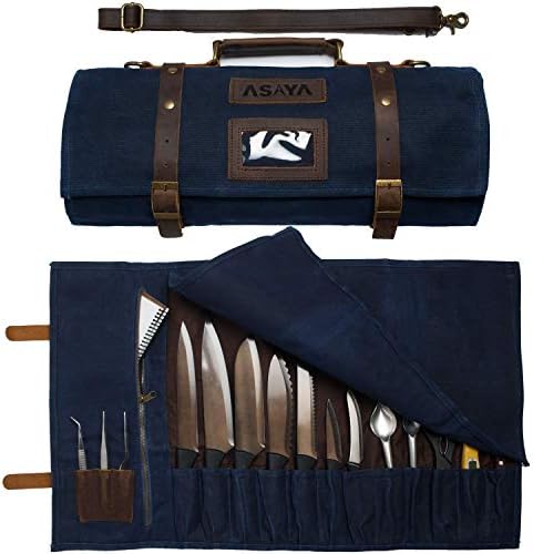 Asaya Waxed Canvas Knife Roll - 15 Knife Slots, Card Holder and Large Zippered Pocket - Genuine Leather, Cloth and Brass Buckles - for Chefs and Culinary Students - Knives Not Included Asaya