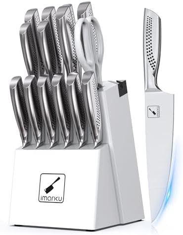 imarku Knife Set, Japanese HC Stainless Steel 15 PCS Kitchen Knife Set With Block With Built-in Sharpener, Razor-Sharp Blade Knife Block Set With Dotted Ergomomic Handle, Birthday Day Gifts, White Imarku