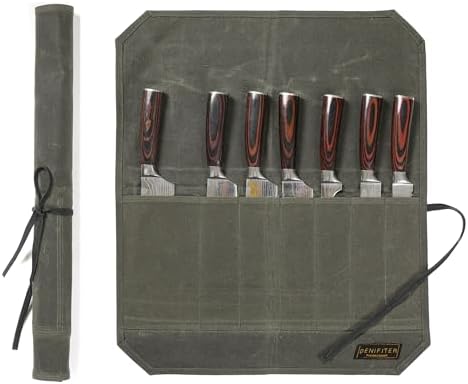 Heavy Duty Waxed Canvas Knife Roll Bag, Portable Chef Knife bag, Durable (Army Green) Denifiter