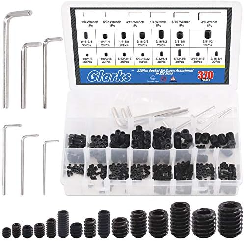 Glarks 370Pcs 15 Size 3/8x1/2''-1/8x1/8'' Internal Hex Allen Head Socket Set Screw, 12.9 Class Black Alloy Steel Hex Grub Screws Assortment Kit with 6Pcs Hex Wrenches Glarks