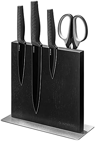 Navaris Magnetic Knife Block - Kitchen Storage with Strong Magnets for Knives & Utensils - Simple, Modern Utensil Holder in Black Rubberwood - 8.9" x 8.7" Navaris