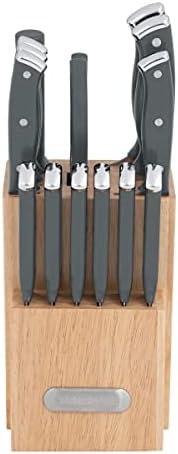 Farberware Triple Riveted Knife Set High-Carbon Stainless Steel Blades, Ergonomic Handles with Silver Accents, Includes Rubber Wood Storage Block, 15 piece, Gray Farberware