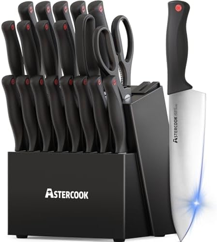 Knife Set, Astercook 21 Pieces Knife Sets for Kitchen with Block, Dishwasher Safe Kitchen Knife Set with Built-in Sharpener, Black Astercook