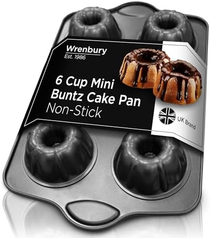 Wrenbury Nonstick Mini Buntz Cake Pan Non Stick for Baking - 6 Cup Bundtlette Fluted Cake Tin for Small Cakes - PFOA Free and Dishwasher Safe - 3.75” Cup Width Wrenbury