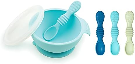 Bumkins Baby Bowl, Silicone Feeding Set with Suction for Baby and Toddler, Includes 4 Spoons and Lid, First Feeding Set, Training Essentials for Baby Led Weaning for Babies 4 Months Up, Blue Bumkins