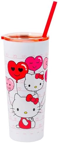 Двустенный стакан с соломкой Hello Kitty, 650 мл, с рисунком на фоне сердца Silver Buffalo