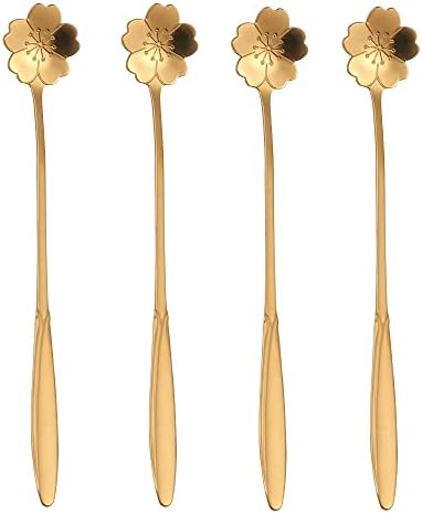 16 Pieces Flower Spoon Coffee Teaspoon 7 Inch Stainless Steel Long Handle Spoon Stir Bar Spoon Stirring Spoon Ice Cream Spoon Gold Sakura Shaped SZLFSX