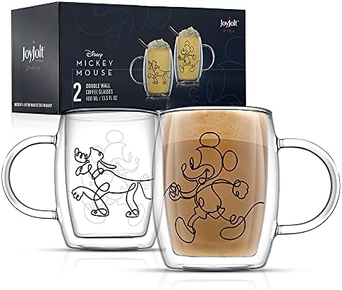 JoyJolt Aroma Disney Mickey and Pluto 13.5oz Glass Cups Set. 2 Insulated Double Wall Glass Coffee Cups, Insulated Coffee Cup Set. Unique Coffee Mugs, Large Espresso Cups. Disney Cups and Disney Mugs. JoyJolt