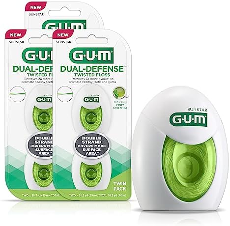 GUM Dual-Defense Twisted Dental Floss - Double Strand Waxed Floss - Green Tea and Mint, 2ct (3pk) Gum