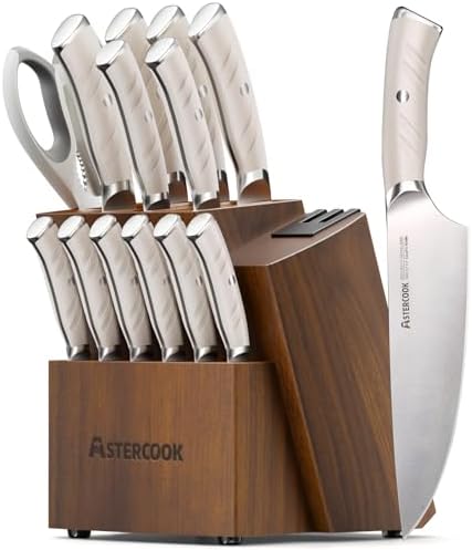 Astercook Knife Set Kitchen with Block and Dual Sharpener Full Tang 15 Pcs German Stainless Steel Knives Dishwasher Safe Kitchen Utensils Set with with and Anti-slip Ergonomic Handle, Elegant White Astercook