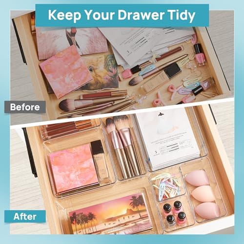 Vtopmart 28 PCS Clear Plastic Drawer Organizers Set, 4-Size Bathroom and Vanity Drawer Organizer Trays, Acrylic Storage Bins for Makeup, Cosmetic, Kitchen Utensils, Tool Organizer for Gadgets Vtopmart