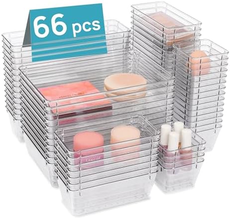 Vtopmart 66 PCS Clear Plastic Drawer Organizers Bins, 4-Size Versatile Bathroom and Vanity Organizer Trays, Non-Slip Storage Containers for Makeup, Jewelries, Bedroom，Kitchen Utensils and Office Vtopmart