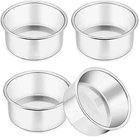 TeamFar 4 Inch Cake Pan, 4 Pcs Mini Cake Pan Round Tier Baking Cake Pans Set Stainless Steel, For Baking Steaming Serving, Healthy & Sturdy, Mirror Finish & Dishwasher Safe TeamFar