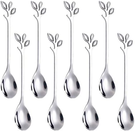 AnSaw 8-Pack Elegant Black Leaf 4.7" Espresso Spoons - Stainless Steel, Perfect for Coffee, Demitasse, Dessert & Tea, Mini Size for Small Servings AnSaw